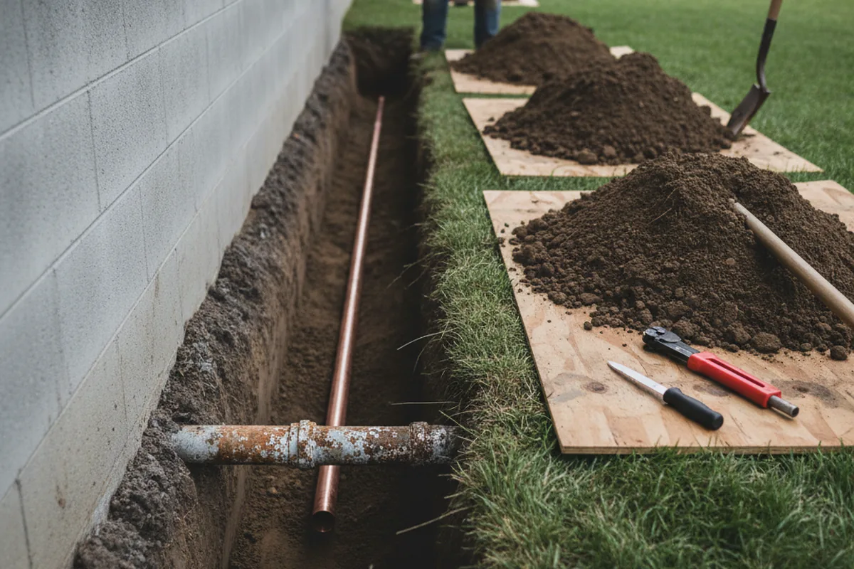 Excavated water line trench during Sewer Line Repair in Alexandria